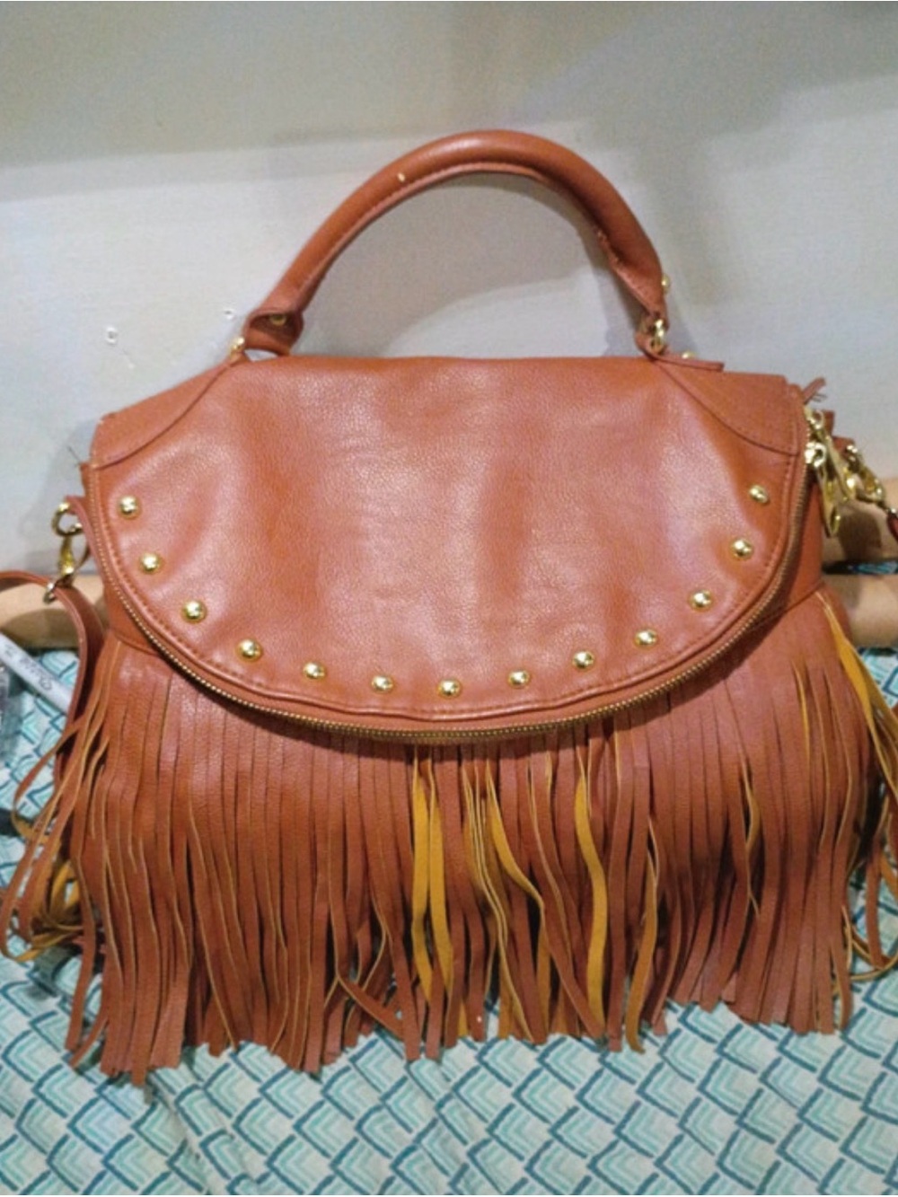 Steve Madden Cognac Fringe Shoulder Bag with Gold Studs